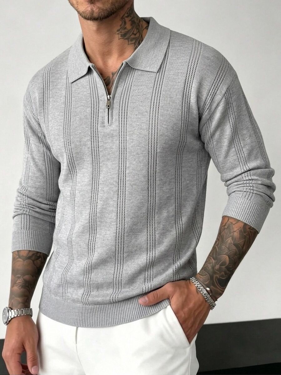 Manfinity CasualKnits 男士 Polo 領長袖套頭毛衣,學院風休閒秋季上衣,適合日常穿著、休閒、度假,V 領拼色設計 - 淺灰色 - 查看 1