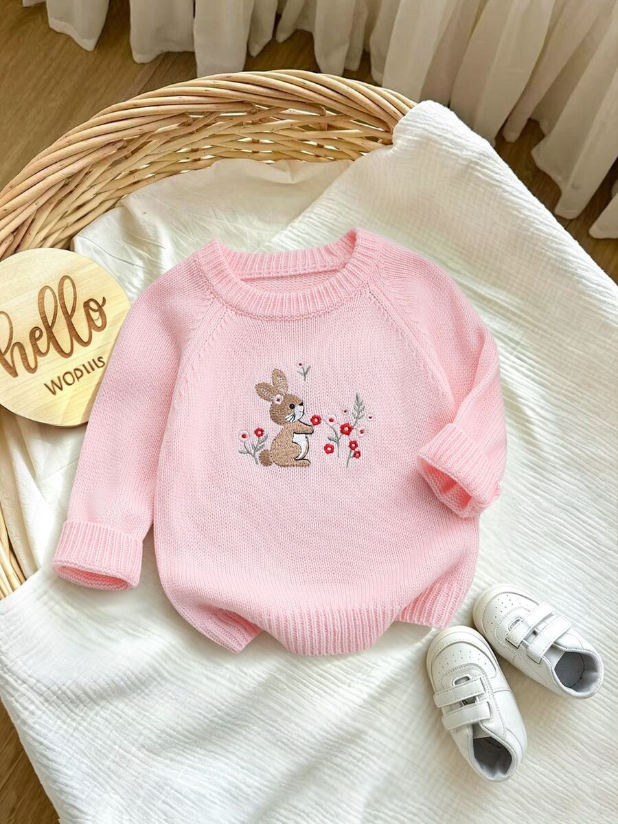 SHEIN Vintaside Kids 兔子刺繡兒童毛衣,奶油白女童針織開襟衫,花朵兔子嬰兒套頭毛衣 - 粉色 - 查看 1