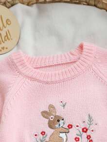 SHEIN Vintaside Kids كنزة أطفال مطرزة برسمة أرنب، كارديجان محبوك باللون الأبيض الكريمي للبنات، كنزة سحب علوية للأطفال برسومات أرنب وزهور - وردي - مشاهدة 5