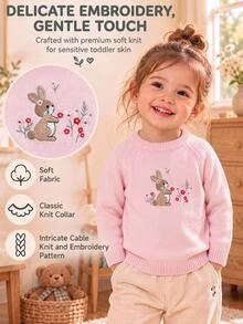 SHEIN Vintaside Kids كنزة أطفال مطرزة برسمة أرنب، كارديجان محبوك باللون الأبيض الكريمي للبنات، كنزة سحب علوية للأطفال برسومات أرنب وزهور - وردي - مشاهدة 1