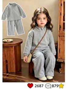 SHEIN Vintaside Kids 2 Pieces Girls Knitted Sweatshirt Single-Sided Fleece Half-Zip Pullover Top Casual Modest Matching Classic Versatile Grey Back To School Autumn Family - Grey - View 1