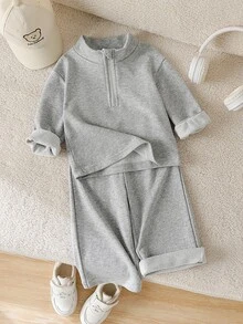 SHEIN Vintaside Kids 2 Pieces Girls Knitted Sweatshirt Single-Sided Fleece Half-Zip Pullover Top Casual Modest Matching Classic Versatile Grey Back To School Autumn Family - Grey - View 3