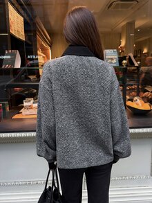 Minimalist Commuter Casual Autumn/Winter Colorblock Collar Asymmetrical Colorblock Wool Long Sleeve Cocoon Shape Women's Overcoat - Black and White - View 6
