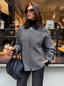 Minimalist Commuter Casual Autumn/Winter Colorblock Collar Asymmetrical Colorblock Wool Long Sleeve Cocoon Shape Women's Overcoat - Black and White - View 9