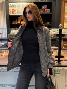 Minimalist Commuter Casual Autumn/Winter Colorblock Collar Asymmetrical Colorblock Wool Long Sleeve Cocoon Shape Women's Overcoat - Black and White - View 10