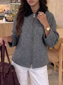 Minimalist Commuter Casual Autumn/Winter Colorblock Collar Asymmetrical Colorblock Wool Long Sleeve Cocoon Shape Women's Overcoat - Black and White - View 2