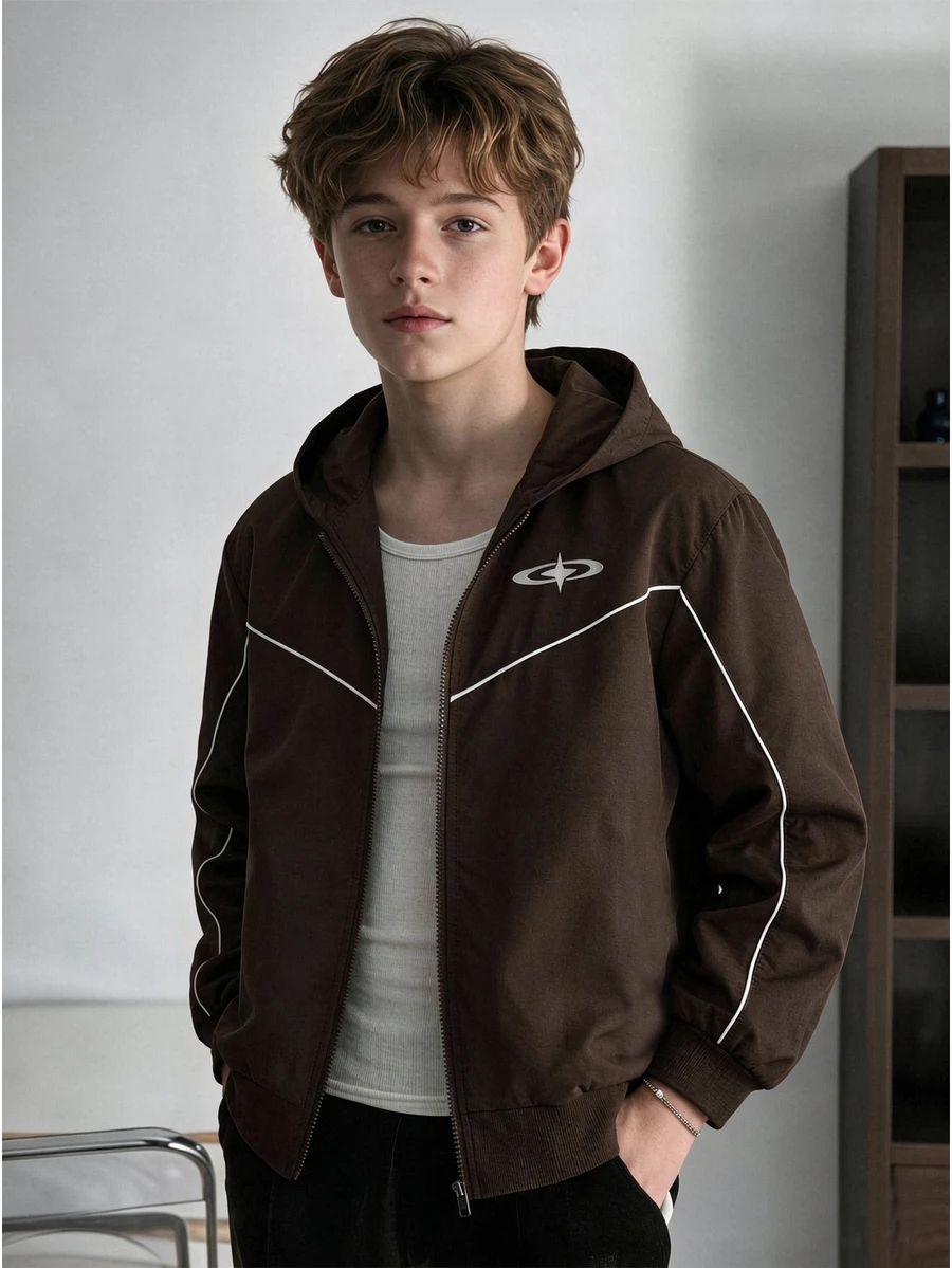 SHEIN Jaket Hoodie Bergaris Gaya Balap Jalanan Amerika, Mantel Hoodie Ritsleting, Desain Jahitan Kontras Melengkung pada Badan, Potongan Pendek Longgar Pas Serbaguna, Cocok untuk Semua Tipe Tubuh; Penutup Ritsleting Penuh Gaya Fleksibel, Sempurna untuk Pemakaian Harian, Streetwear, Lapisan Tunggal Musim Semi/Gugur, Pelapis Awal Musim Dingin - Coklat - View 1