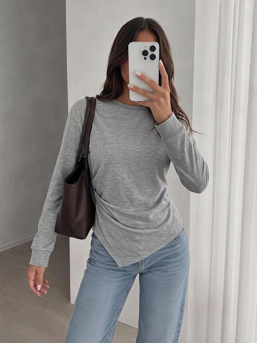Easowa Casual Versatile Women's Solid Color Daily Wear Long Sleeve Sweatshirt Everyday Light Grey Fall - Grey - View 1