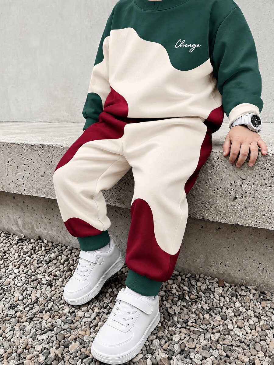 Young Boy Letter Graphic Colorblock Long Sleeve Sweatshirt And ...