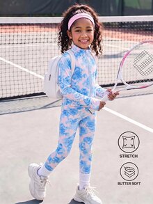 SHEIN Young Girls Rainbow White Contrast Floral High Elastic Knit Fitted 2 Pieces Set, Open Front Stand Collar Long Sleeve Top High Waist Leggings Sports - Blue - View 2
