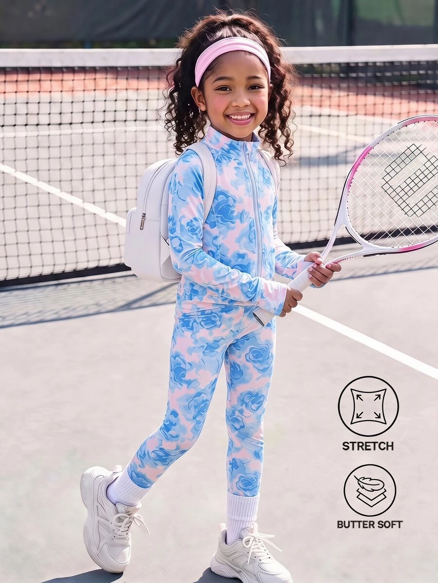 SHEIN Young Girls Rainbow White Contrast Floral High Elastic Knit Fitted 2 Pieces Set, Open Front Stand Collar Long Sleeve Top High Waist Leggings Sports