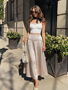 SHEIN MOD 優雅法式女款中長版百褶緞面裙 高腰設計 適合正式約會、派對場合與聖誕節 - 杏色 - 查看 2