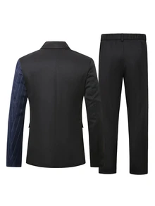 Manfinity Mode Men's Striped Colorblock Business Double-Breasted Design Classic Business Suit 2 Pieces Set - Black - View 2