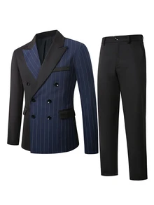 Manfinity Mode Men's Striped Colorblock Business Double-Breasted Design Classic Business Suit 2 Pieces Set - Black - View 4