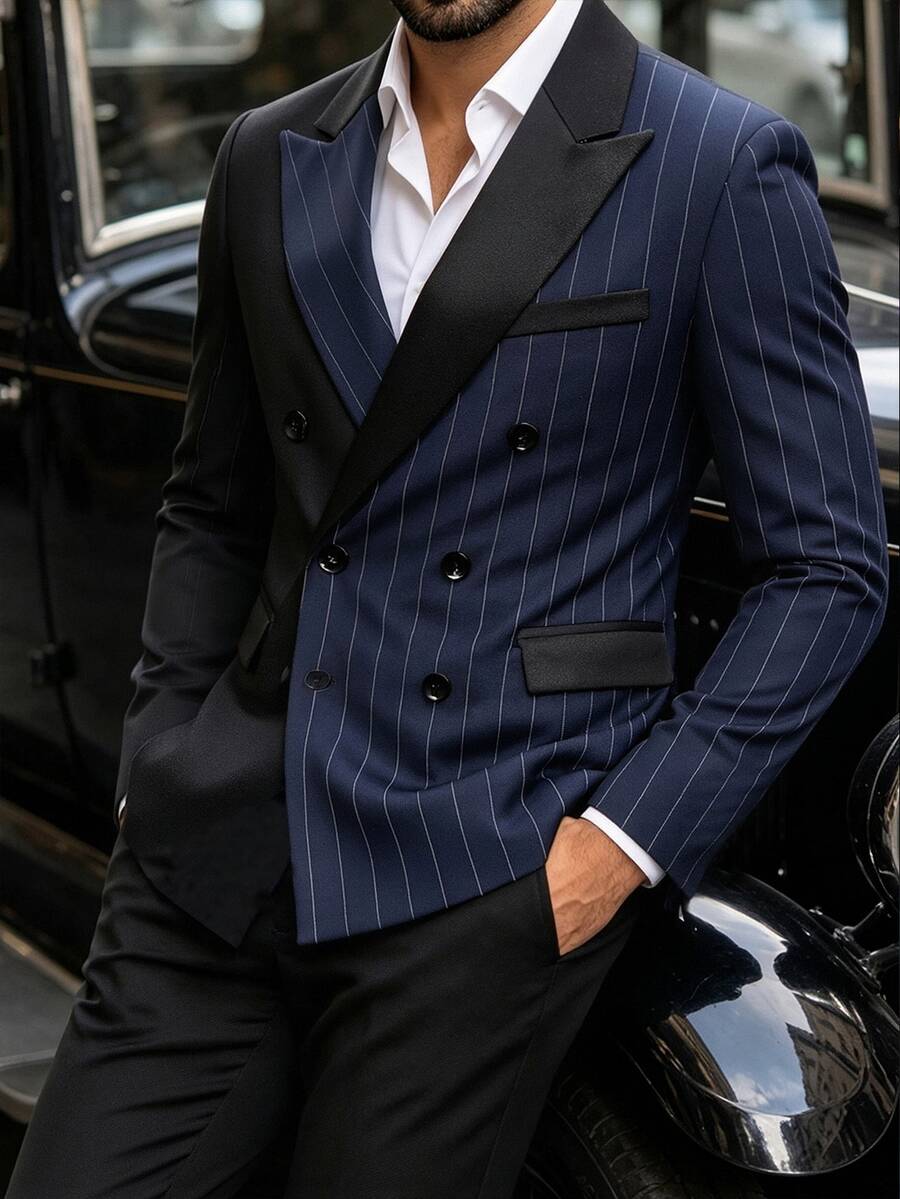 Manfinity Mode Men's Striped Colorblock Business Double-Breasted Design Classic Business Suit 2 Pieces Set - Black - View 1