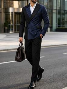 Manfinity Mode Men's Striped Colorblock Business Double-Breasted Design Classic Business Suit 2 Pieces Set - Black - View 6