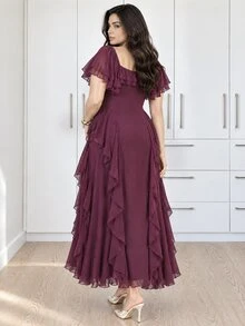 Cirelune Elegant Square Neck Layered Chiffon Splice Waist Fitted Long Dress With Flare Sleeves, Suitable For Plus Size Women In Spring/Summer - Purple - View 3