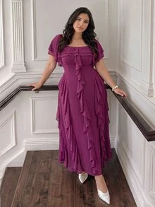 Cirelune Elegant Square Neck Layered Chiffon Splice Waist Fitted Long Dress With Flare Sleeves, Suitable For Plus Size Women In Spring/Summer - Purple - View 6