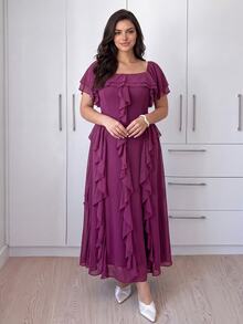 Cirelune Elegant Square Neck Layered Chiffon Splice Waist Fitted Long Dress With Flare Sleeves, Suitable For Plus Size Women In Spring/Summer - Purple - View 7