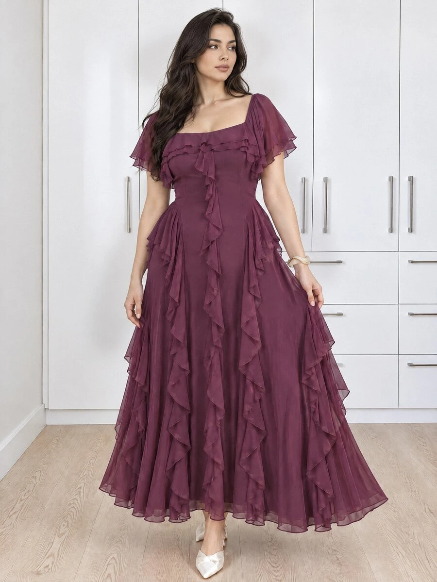 Cirelune Elegant Square Neck Layered Chiffon Splice Waist Fitted Long Dress With Flare Sleeves, Suitable For Plus Size Women In Spring/Summer