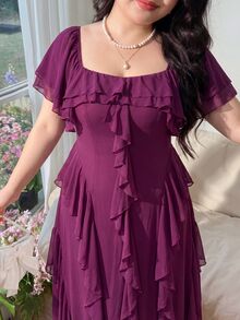 Cirelune Elegant Square Neck Layered Chiffon Splice Waist Fitted Long Dress With Flare Sleeves, Suitable For Plus Size Women In Spring/Summer - Purple - View 5