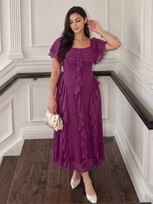 Cirelune Elegant Square Neck Layered Chiffon Splice Waist Fitted Long Dress With Flare Sleeves, Suitable For Plus Size Women In Spring/Summer - Purple - View 4