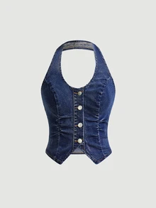 SHEIN EZwear Atasan Camisole Model Halter Tanpa Punggung Denim Biru Elastis Gaya Y2K - Dark Wash - View 2
