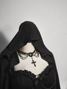 SHEIN ICON Plus Size Black Hooded Lantern Sleeve Sexy Mini Dress, Suitable For Halloween Party, Halloween Costume, Witch/Fall/Winter - Black - View 6