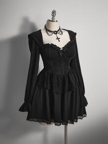 SHEIN ICON Plus Size Black Hooded Lantern Sleeve Sexy Mini Dress, Suitable For Halloween Party, Halloween Costume, Witch/Fall/Winter - Black - View 4