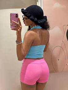Fiercella Fiercella 女款春夏兩件套 粉色細肩帶字母印花背心短褲 HypeZone-D 性感 Y2K 修身運動休閒健身套裝 - 藍色 - 查看 2
