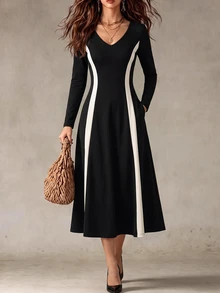 SHEIN Ladies Black White Color Block Knit Midi Dress, VNeck Long Sleeve Vertical Contrast Panel, FitandFlare Swing Dress For Commute Occasions - Black - View 2