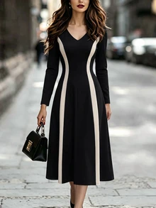 SHEIN Ladies Black White Color Block Knit Midi Dress, VNeck Long Sleeve Vertical Contrast Panel, FitandFlare Swing Dress For Commute Occasions - Black - View 6