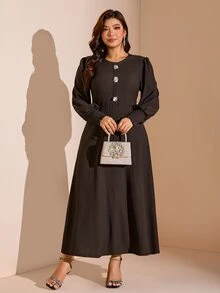 Comfylo Plus Size Women Solid Color Casual Party Dress Fall - Coffee Brown - View 4