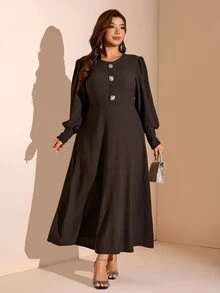 Comfylo Plus Size Women Solid Color Casual Party Dress Fall - Coffee Brown - View 1