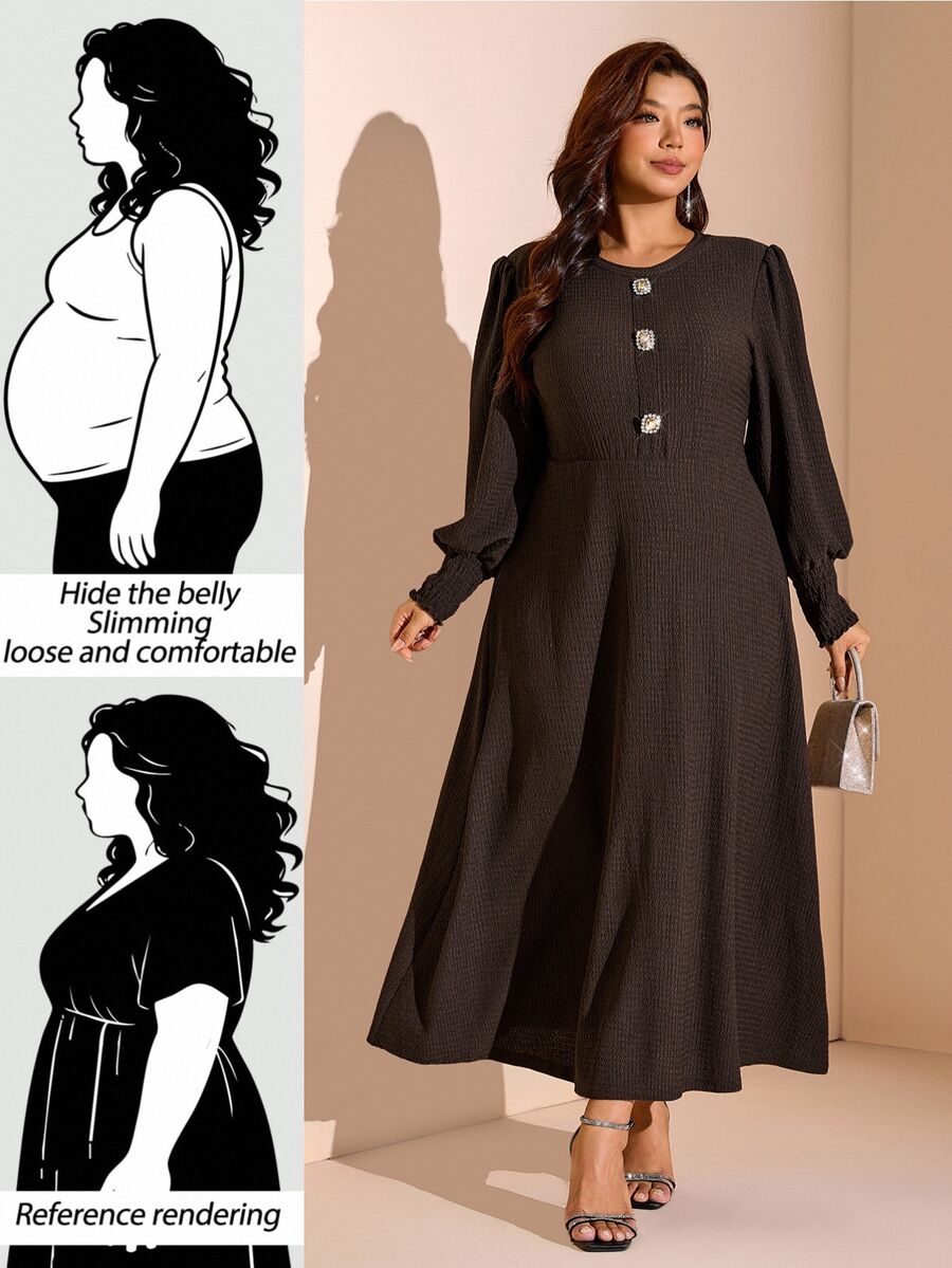 Comfylo Plus Size Women Solid Color Casual Party Dress Fall - Coffee Brown - View 1