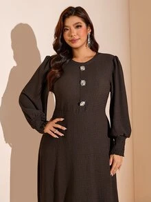 Comfylo Plus Size Women Solid Color Casual Party Dress Fall - Coffee Brown - View 6