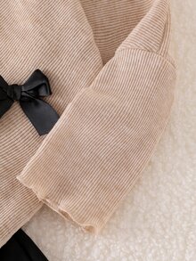 Elladie kids Tween女孩春秋兩件套，半高領長袖不對稱下擺上衣配黑色蝴蝶結裝飾 + 高腰喇叭褲，柔軟華夫格面料，兒童套裝，適合Tween女孩日常穿著、上學與休閒外出 - 彩色 - 查看 8