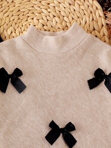 Elladie kids Tween女孩春秋兩件套，半高領長袖不對稱下擺上衣配黑色蝴蝶結裝飾 + 高腰喇叭褲，柔軟華夫格面料，兒童套裝，適合Tween女孩日常穿著、上學與休閒外出 - 彩色 - 查看 11