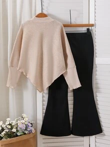 Elladie kids Tween女孩春秋兩件套，半高領長袖不對稱下擺上衣配黑色蝴蝶結裝飾 + 高腰喇叭褲，柔軟華夫格面料，兒童套裝，適合Tween女孩日常穿著、上學與休閒外出 - 彩色 - 查看 2