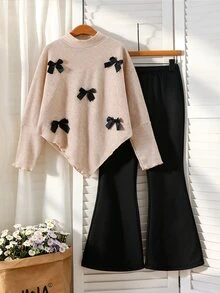 Elladie kids Tween女孩春秋兩件套，半高領長袖不對稱下擺上衣配黑色蝴蝶結裝飾 + 高腰喇叭褲，柔軟華夫格面料，兒童套裝，適合Tween女孩日常穿著、上學與休閒外出 - 彩色 - 查看 7