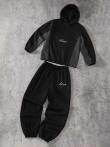 SHEIN 2pcs KidsTweenBoy Casual Sports Pattern Colorblock Stand Collar Jacket & Black Pants Set, Suitable For Fall/Winter, School, Family Gathering, Vacation, Party, FallOutfit, WinterOutfit, Boys Outfit Set - Multicolor - View 2