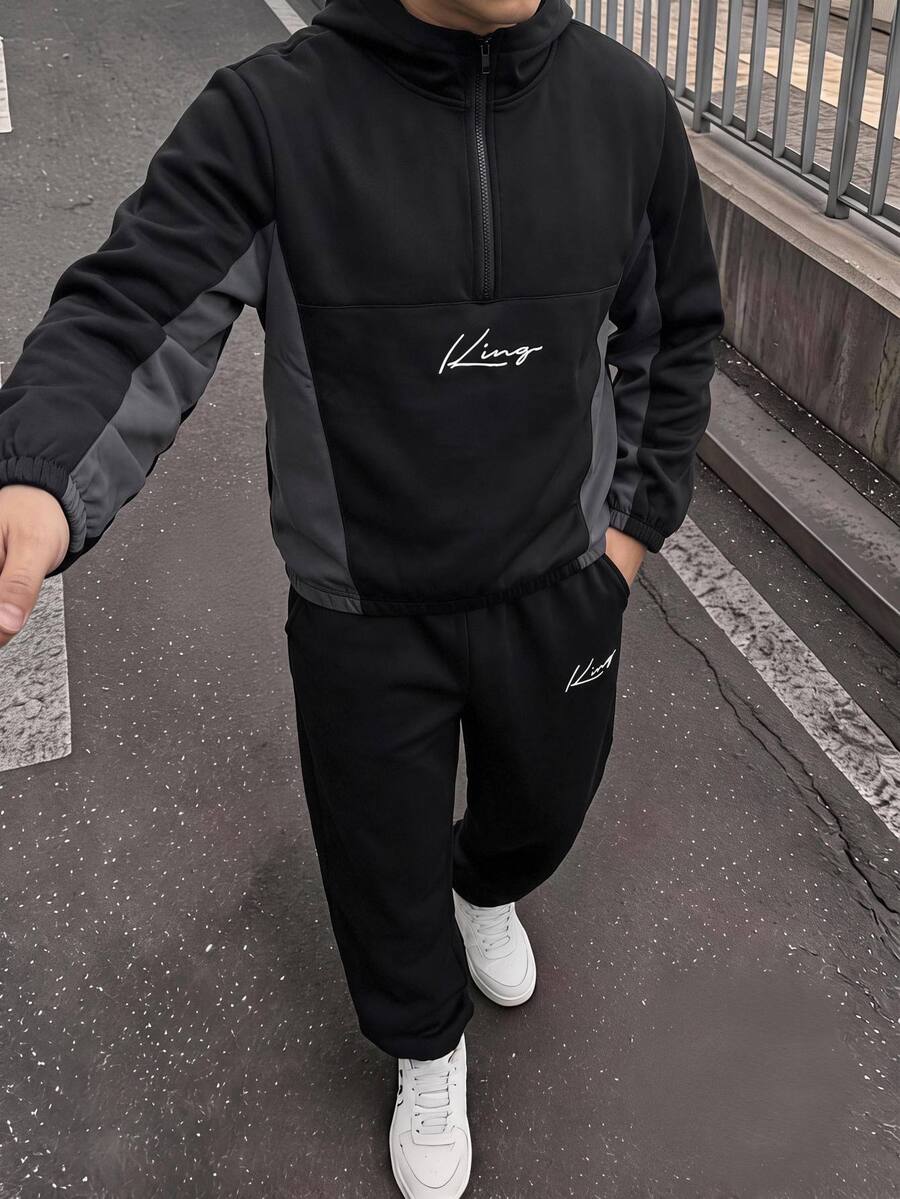 SHEIN 2pcs KidsTweenBoy Casual Sports Pattern Colorblock Stand Collar Jacket & Black Pants Set, Suitable For Fall/Winter, School, Family Gathering, Vacation, Party, FallOutfit, WinterOutfit, Boys Outfit Set - Multicolor - View 1