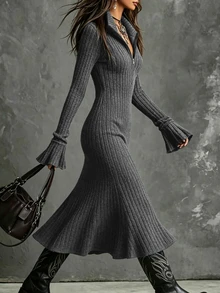 Trelyra Autumn/Winter Brushed Dark Grey High Neck Dress, Holiday Outfit Zipper Style Ruffle Long Sleeve Inner Layer, Y2K Casual Style Going Out - Dark Grey - View 3