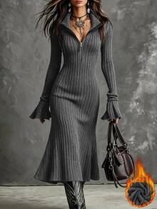 Trelyra Autumn/Winter Brushed Dark Grey High Neck Dress, Holiday Outfit Zipper Style Ruffle Long Sleeve Inner Layer, Y2K Casual Style Going Out - Dark Grey - View 4