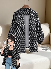 SHEIN LUNE 大尺碼女款休閒復古滿版印花風衣外套 - 彩色 - 查看 3