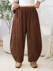 Solflare Plus Size Women's Solid Color Casual Versatile Everyday Long Pants - Brown - View 4
