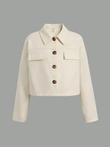 SHEIN Kids Tween Girls Casual Flap Pocket Drop Shoulder Button Front Overcoat In Fall/Winter - Apricot - View 3