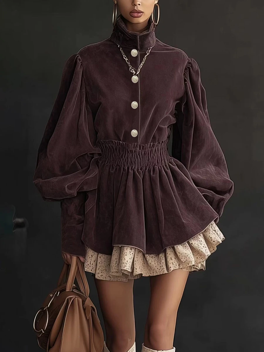 Glimmora Women's Autumn/Winter Fashion Vintage Double Layer Hem Half-Open Front Long Sleeve Mini Dress - Purple - View 1