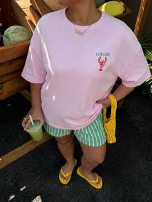 Muchica Plus Size Shrimp Graphic Round Neck Short Sleeve T-Shirt, Casual Loose Fit Plus Size, Suitable For Beach Vacation - Baby Pink - View 2