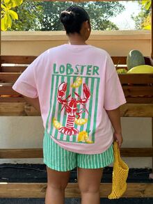 Muchica Plus Size Shrimp Graphic Round Neck Short Sleeve T-Shirt, Casual Loose Fit Plus Size, Suitable For Beach Vacation - Baby Pink - View 1